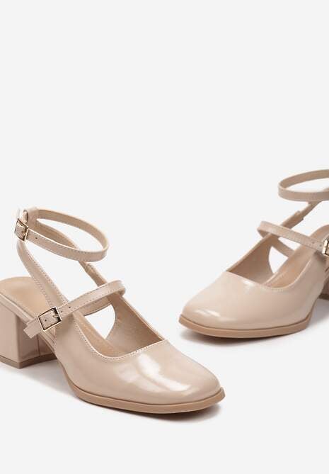 Ciemnobeżowe Czółenka z Odkrytą Piętą na Słupku Zapinane wokół Kostki Wistia