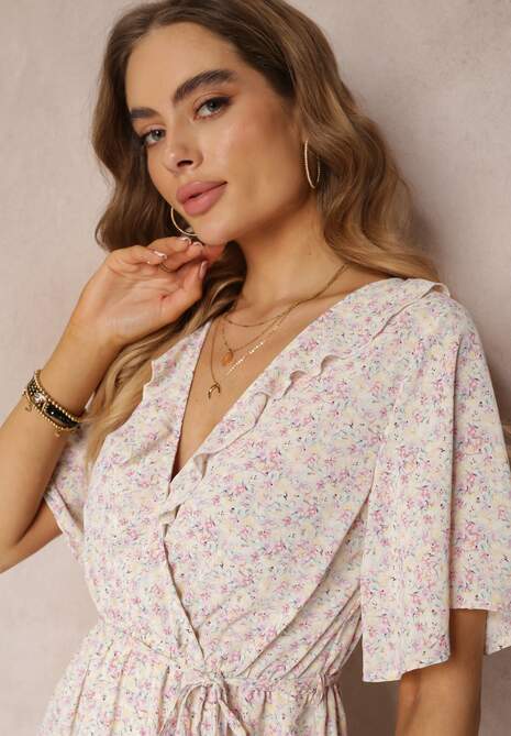 Różowo-Miętowa Sukienka Midi z Falbankami Kopertowym Dekoltem i Gumką w Pasie Denila