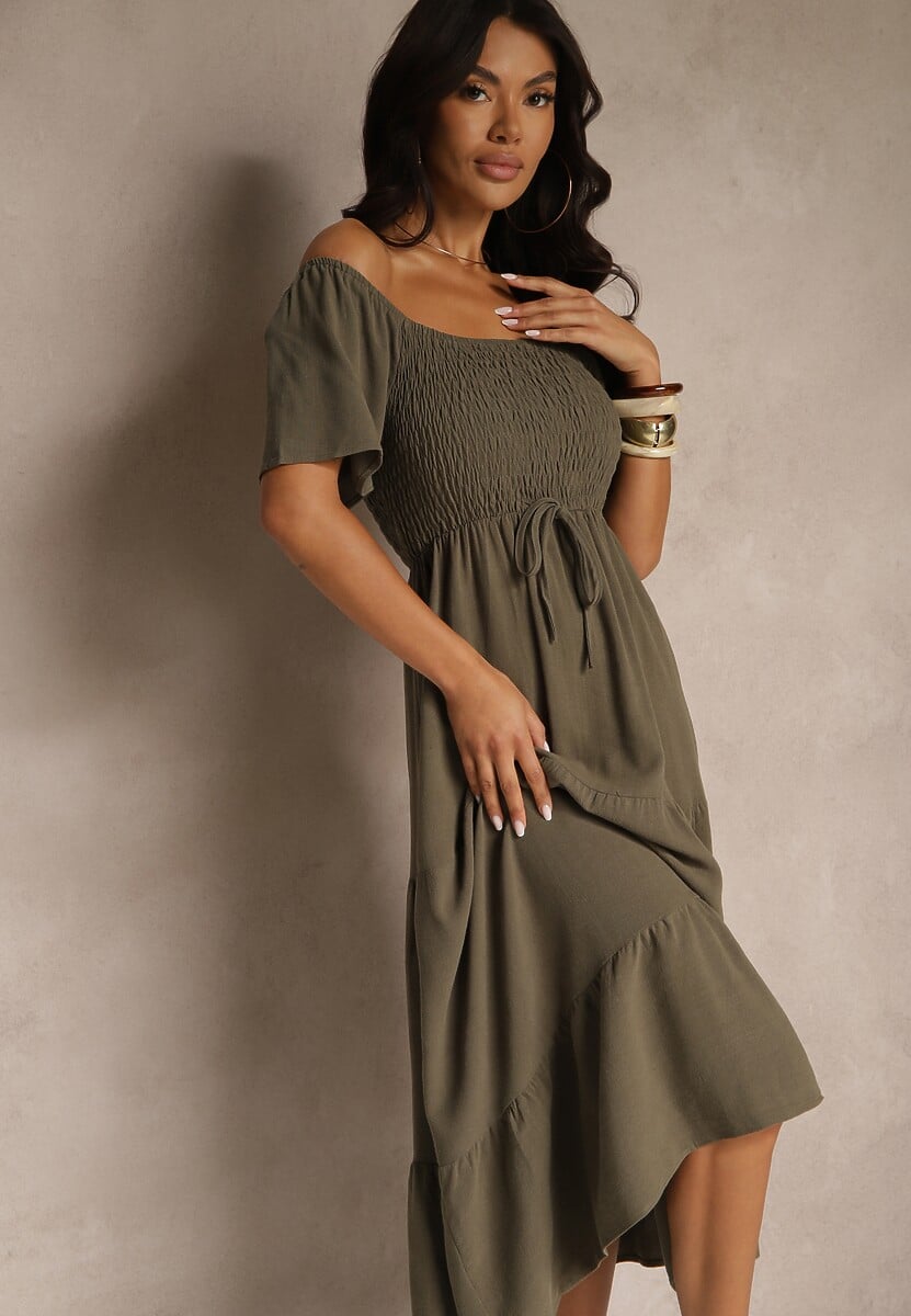 Ciemnozielona Wiskozowa Sukienka z Lnem o Rozkloszowanym Kroju Koloreia