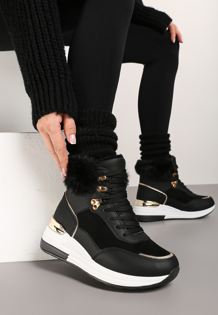Czarne Futerkowe Sneakersy na Koturnie z Metalicznymi Wstawkami Kaithrin