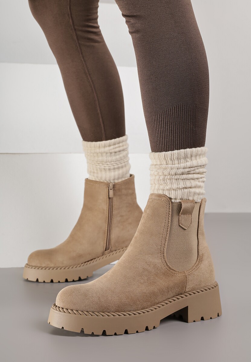 Beżowe Botki Sztyblety z Elastyczną Wstawką Ralia