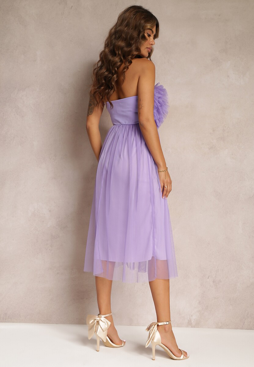 Fioletowa Tiulowa Sukienka bez Ramiączek z Falbankami Tremone