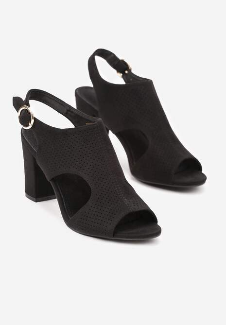 Czarne Sandały Vices na Słupkowym Obcasie z Ażurową Cholewką i Skórzaną Wkładką Obenea