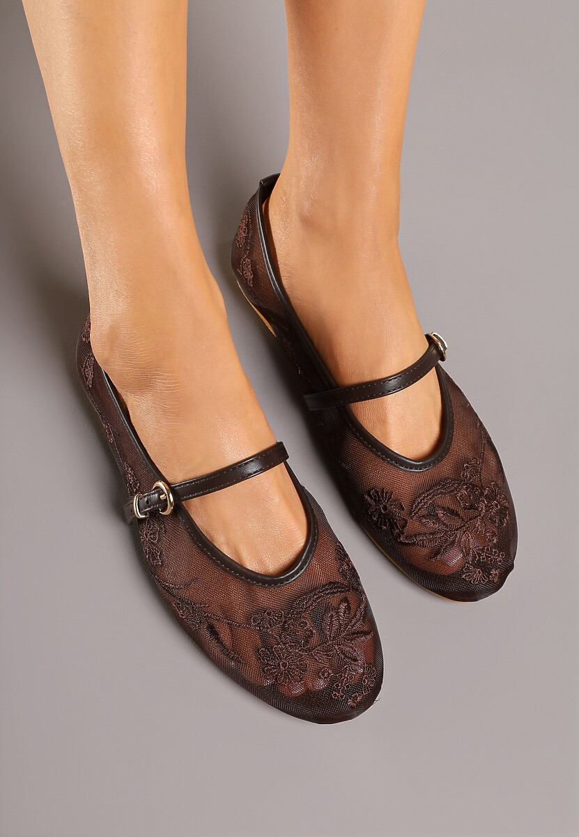 Brązowe Koronkowe Balerinki w Stylu Mary Jane z Haftowanej Siateczki Tilaverra