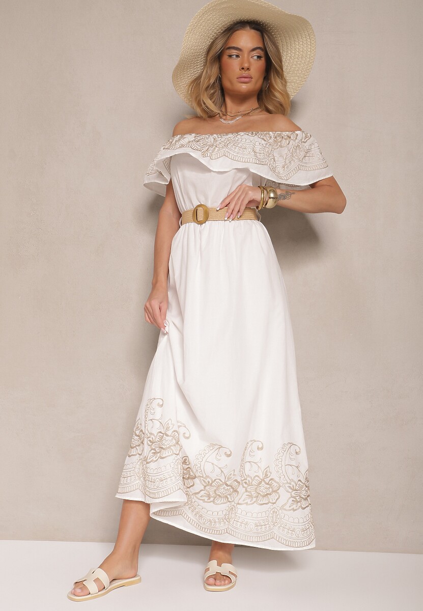Biała Sukienka Boho o Kroju Hiszpanki Zdobiona Haftem i Paskiem z Klamrą Vallisca