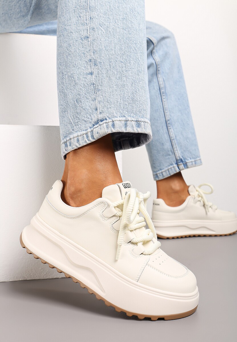 Białe Sneakersy ze Skóry Naturalnej z Platformą i Szerokimi Sznurówkami Talthea