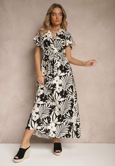 Czarna Rozkloszowana Sukienka z Wiskozy w Kwiaty Elarielis