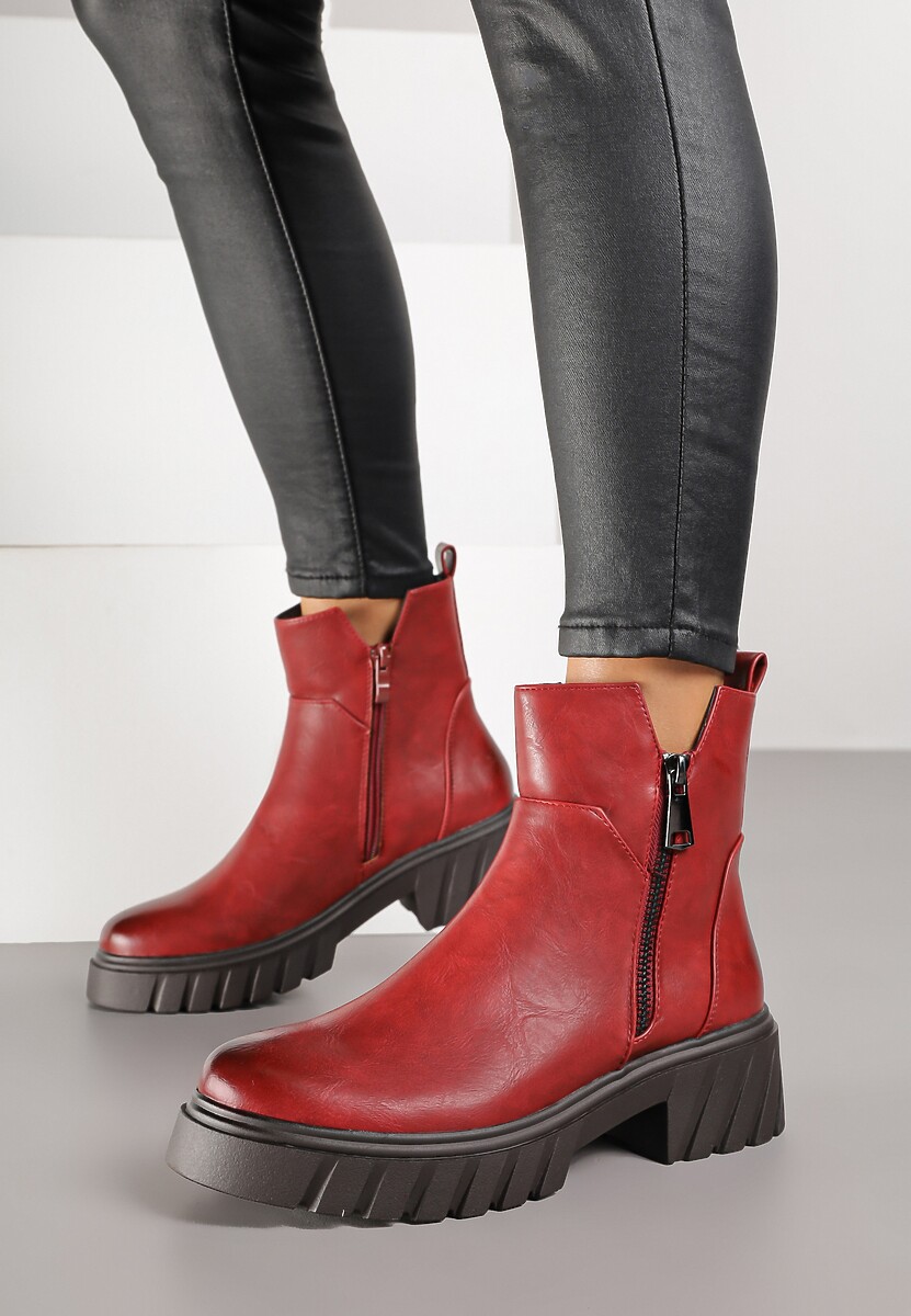 Czerwone Botki do Kostki z Suwakiem na Grubej Podeszwie z Tłoczeniami Redvira