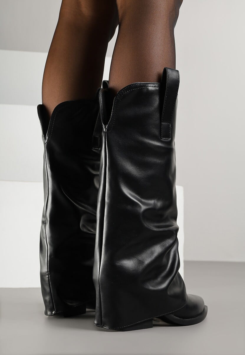 Czarne Kozaki Kowbojki na Stożku z Wywiniętą Marszczoną Cholewką Escana