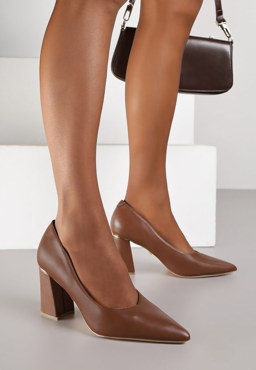 Brązowe Czółenka Vices na Geometrycznym Słupku ze Skórzaną Wkładką Modvire