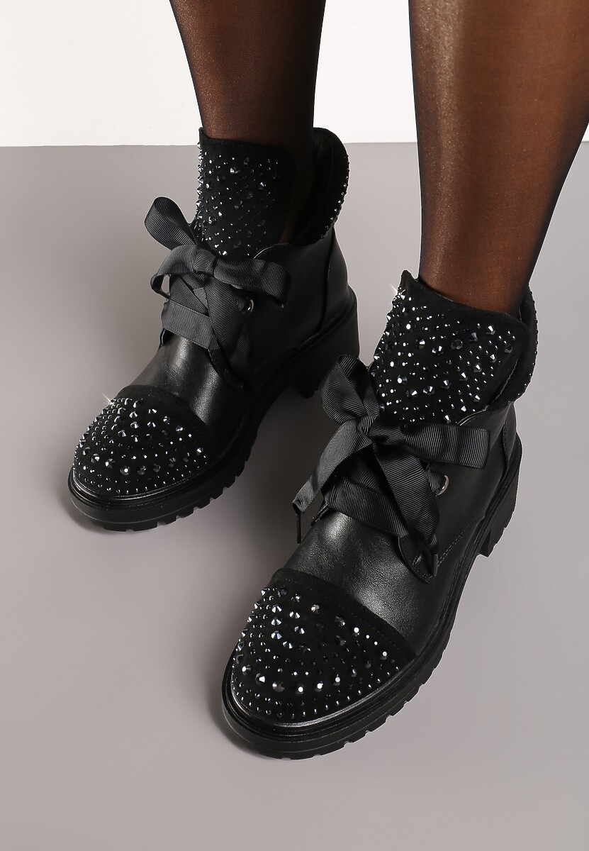 Czarne Botki ze Sznurowaną Cholewką i Cyrkoniowymi Zdobieniami Etintrella