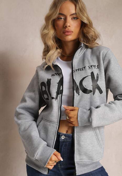 Jasnoszara Bluza Zapinana na Suwak z Kieszeniami i Półgolfem Ubaviela