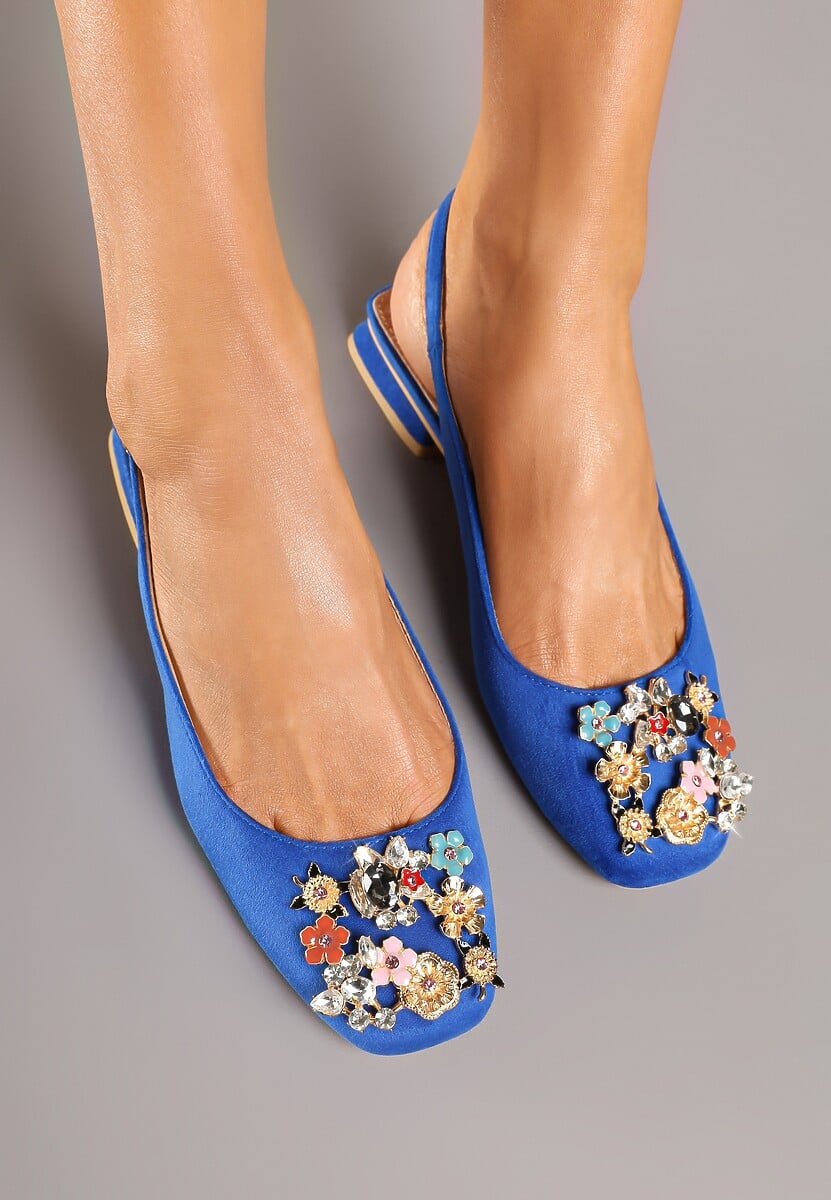 Niebieskie Czółenka Slingback Vices z Cyrkoniami i Wkładką ze Skóry Eklina