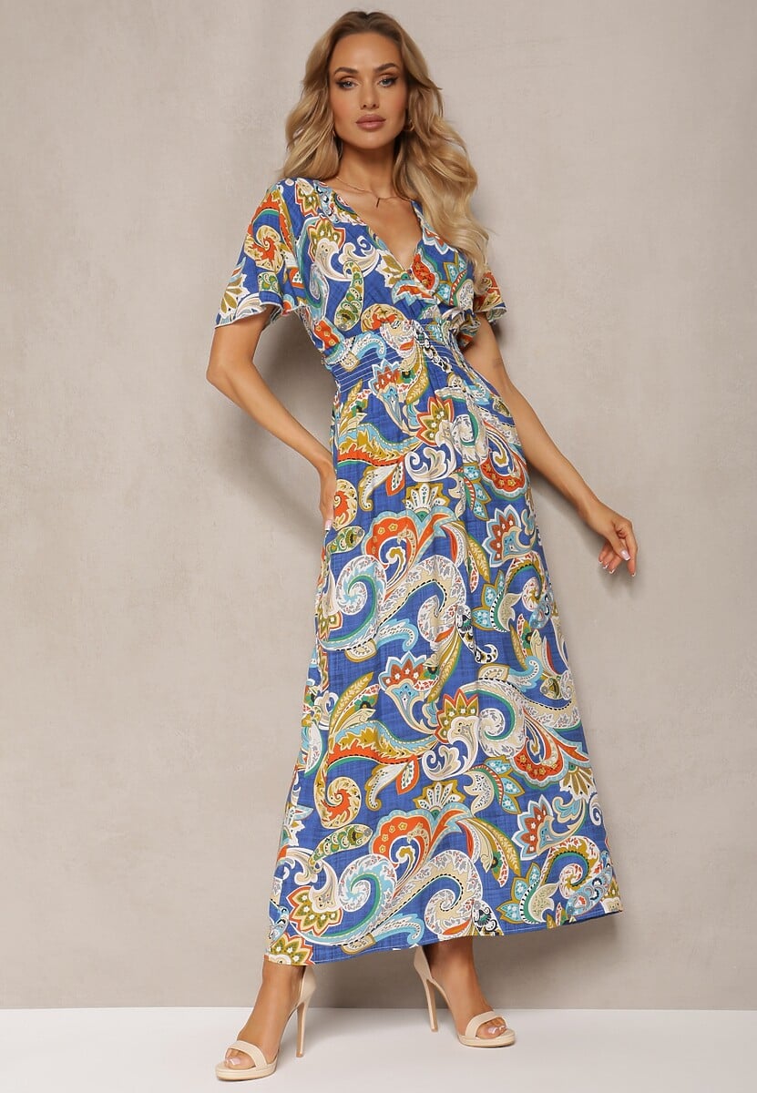 Niebieska Rozkloszowana Sukienka z Bawełny o Kopertowym Kroju w Print Paisley Piavella