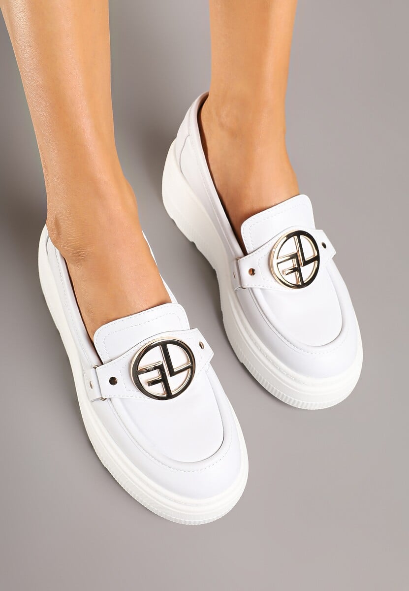 Białe Półbuty w Stylu Mokasynów ze Skórzaną Wkładką i Ozdobą Resora