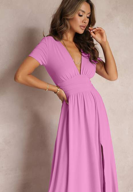 Różowa Sukienka Maxi z Rozkloszowanym Dołem i Rozcięciem Zarya