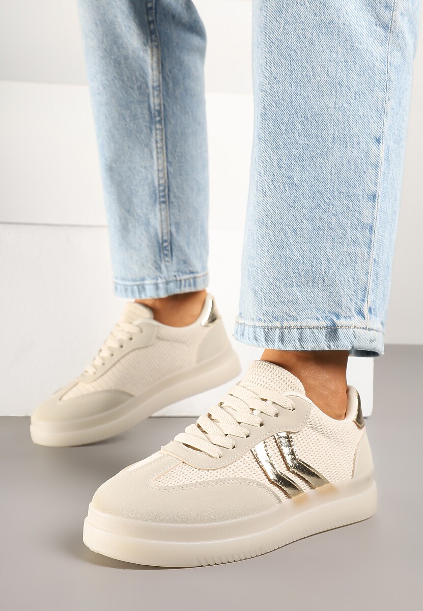 Beżowe Sneakersy Ozdobione Paskami Sadleane