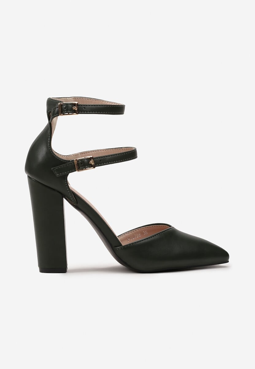 Ciemnozielone Czółenka z Ekoskóry ze Szpiczastym Noskiem i Paskami Sivelia