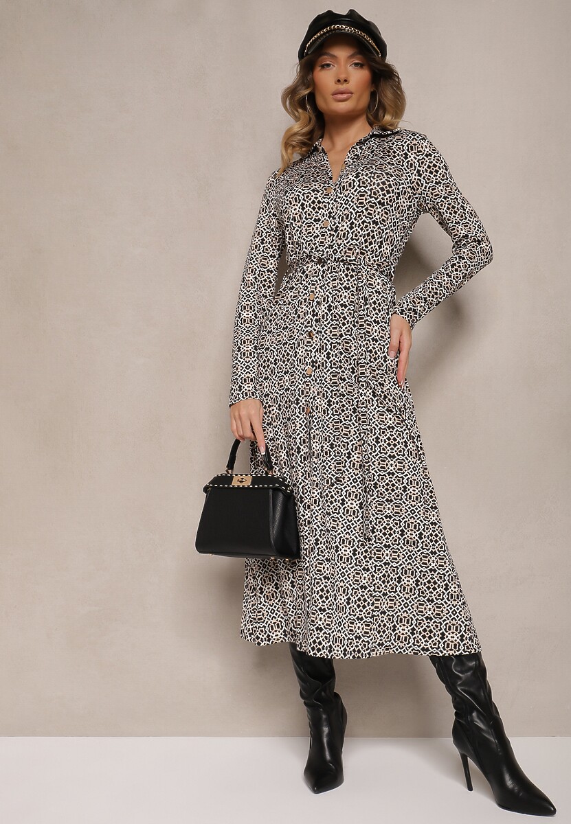 Biało-Czarna Sukienka Maxi o Taliowanym Kroju z Paskiem w Geometryczny Wzór Perani