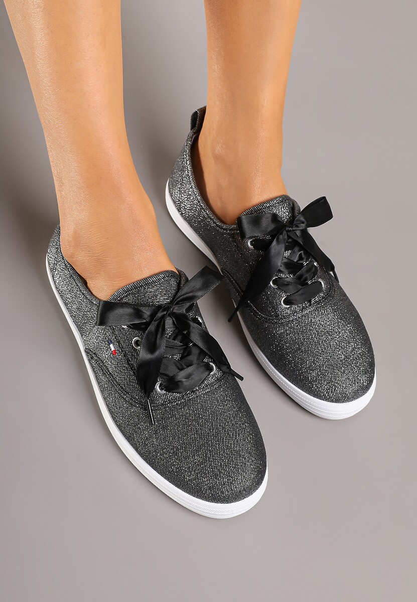 Czarne Tenisówki Brokatowe z Ozdobnymi Sznurowadłami Palmena