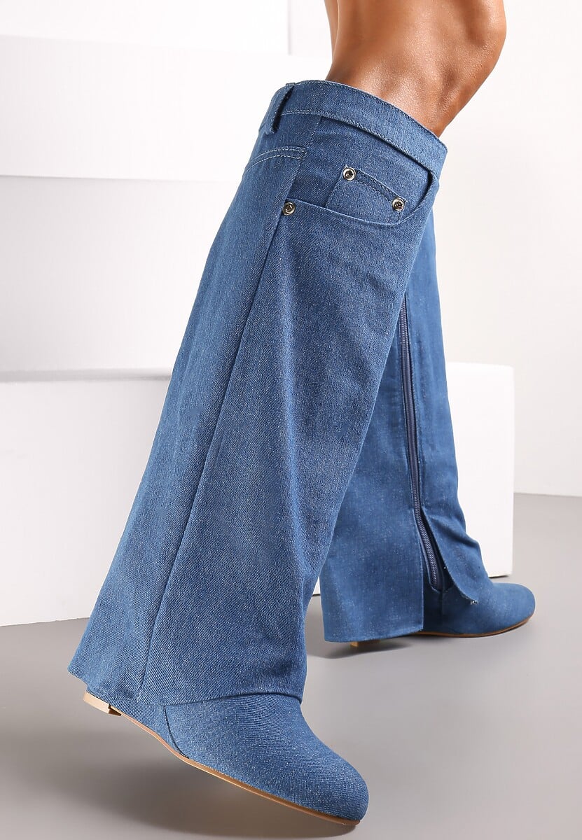 Niebieskie Kozaki z Wywiniętą Cholewką na Koturnie Maranele