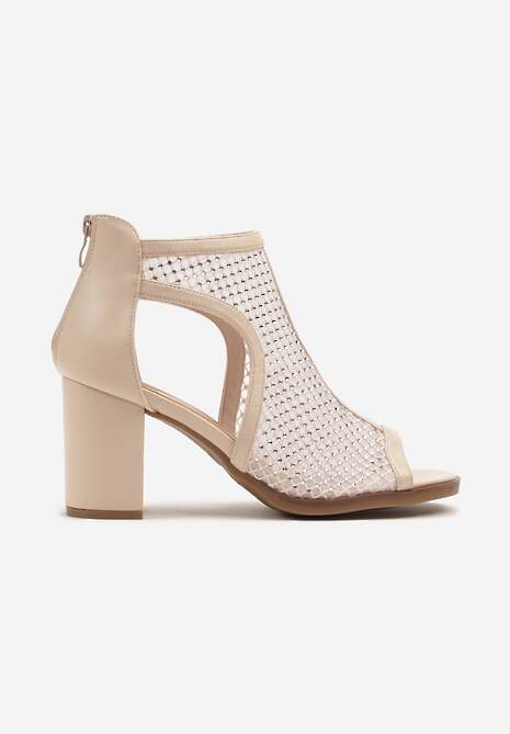 Beżowe Botki Sandały z Siateczkową Błyszczącą Cholewką Nolmio