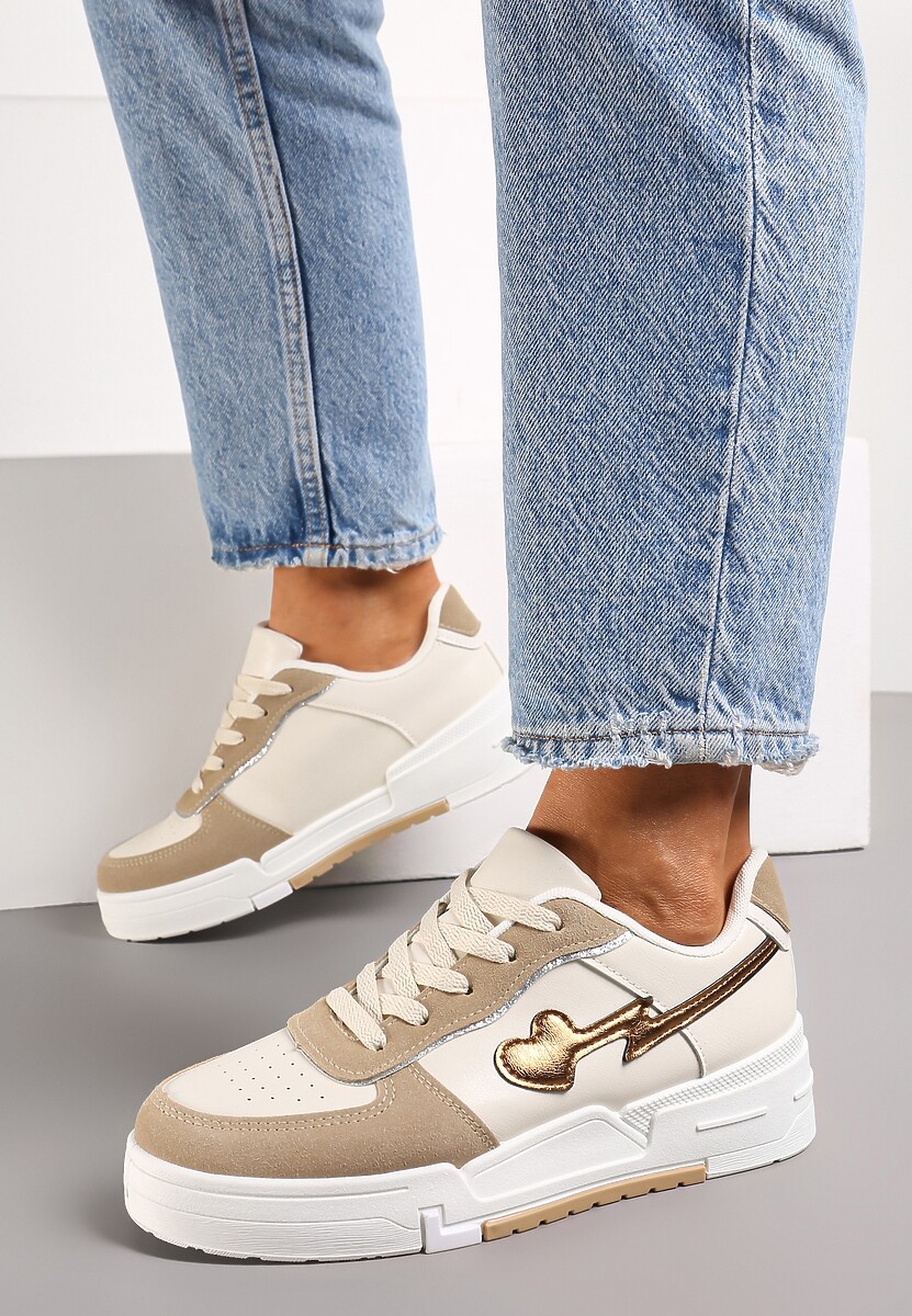 Ciemnobeżowe Sznurowane Sneakersy na Grubej Podeszwie z Brokatowym Zdobieniem Anaieli