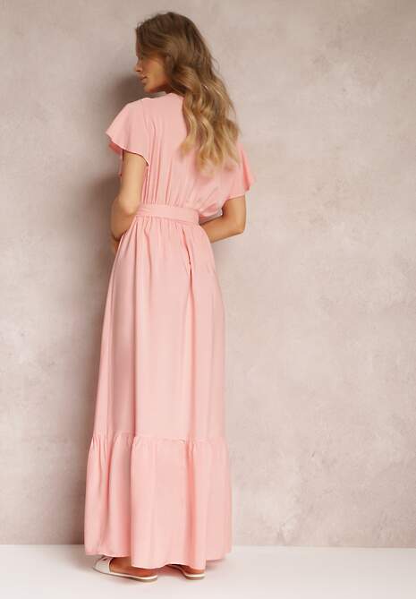 Różowa Rozkloszowana Sukienka Maxi z Gumką w Talii i Falbankami Tracia