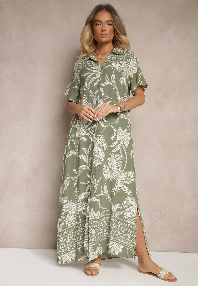 Ciemnozielona Sukienka o Koszulowym Fasonie w Kwiaty z Wiskozy Erathia