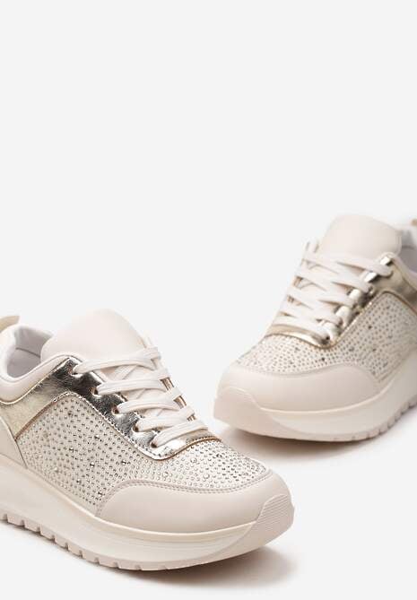 Beżowe Sznurowane Sneakersy z Ekoskóry z Cyrkoniami na Grubej Podeszwie Arpite