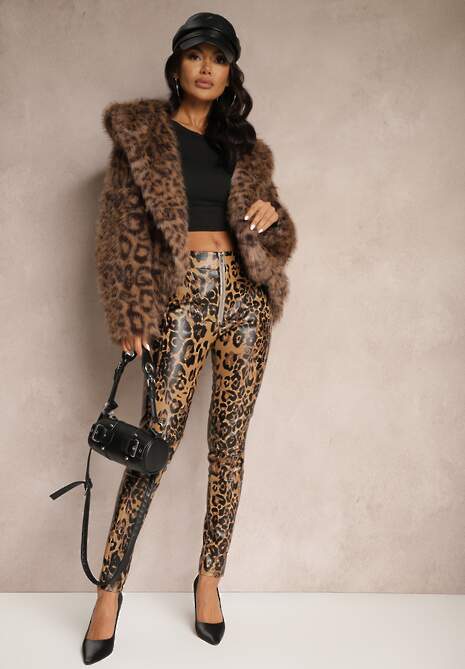 Brązowe Spodnie w Panterkę High Waist z Ekoskóry z Ozdobnym Suwakiem i Ociepleniem Ilanilith