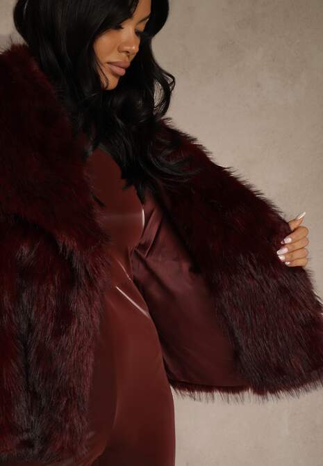 Bordowa Elegancka Kurtka Futerko z Kołnierzem Vertirida