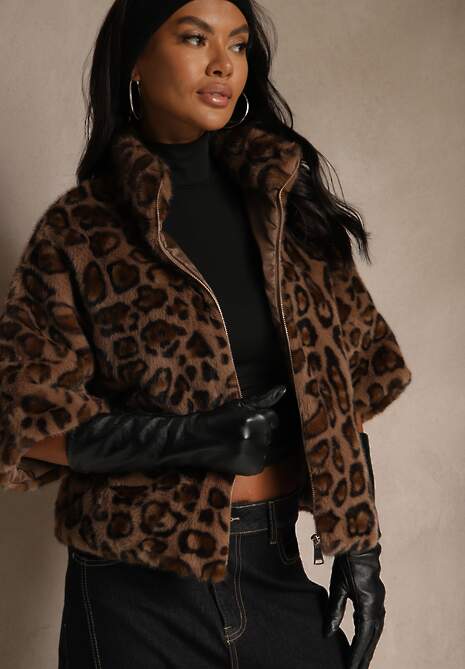 Panterkowa Trapezowa Kurtka Futerko z Rękawami Długości 3/4 Tadeva