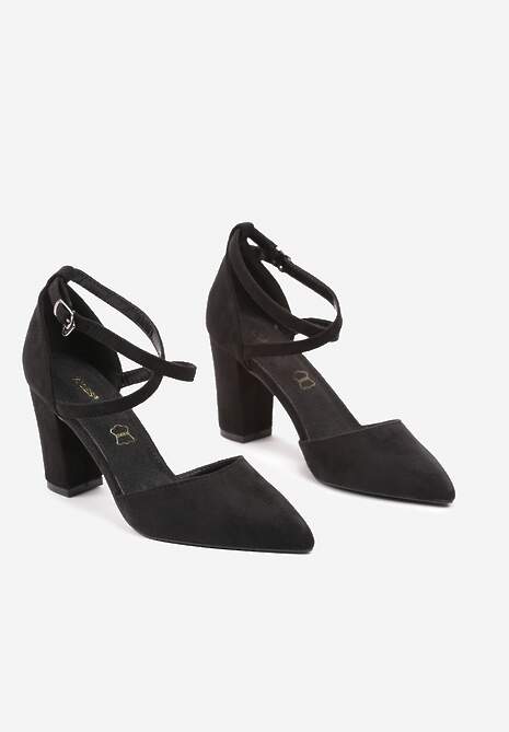 Czarne Czółenka na Słupku ze Skórzaną Wkładką i Ozdobnymi Paskami Leaniria