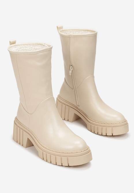 Beżowe Botki na Masywnej Podeszwie z Tłoczeniami Myhrassa