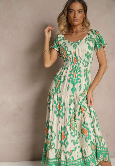 Zielona Sukienka z Wiskozy Ozdobiona Geometrycznym Motywem Clevessa