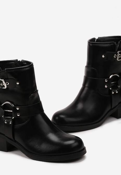 Czarne Botki Bikery Ozdobione Paskami i Okrągłą Klamrą Warasa