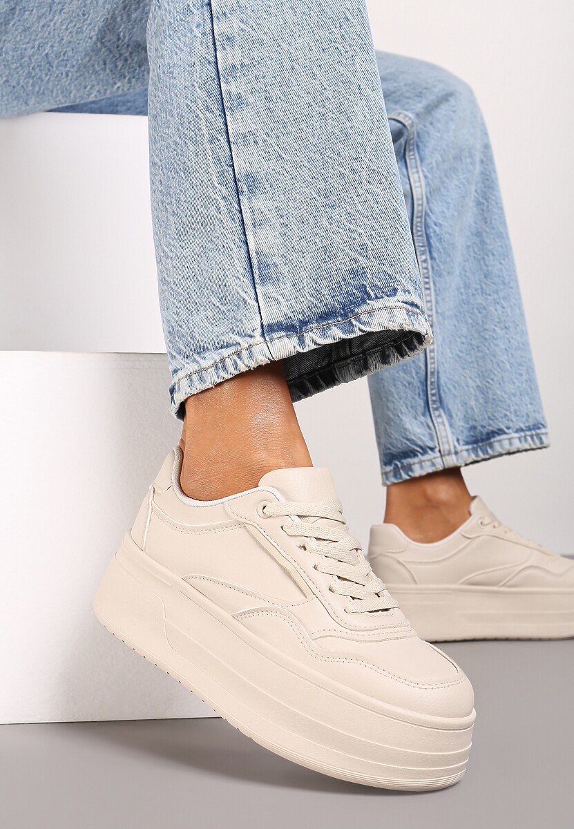 Beżowe Sneakersy na Platformie Ozdobionej Tłoczeniem Vaiviera