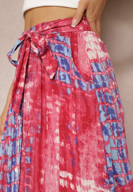 Różowa Rozkloszowana Spódnica z Wiskozy z Nieodpinanymi Ozdobnymi Guzikami Zafina