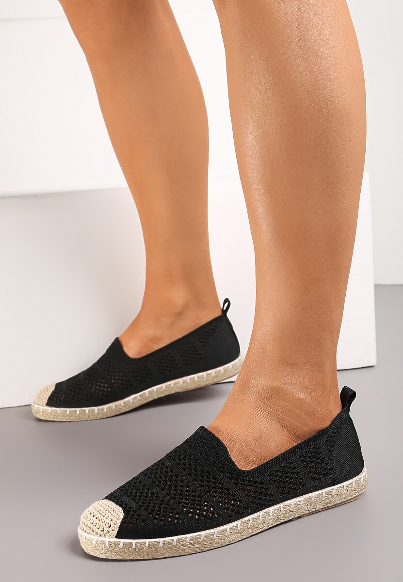 Czarne Ażurowe Espadryle Ozdobione Plecionką na Podeszwie i Nosku Tarniesa