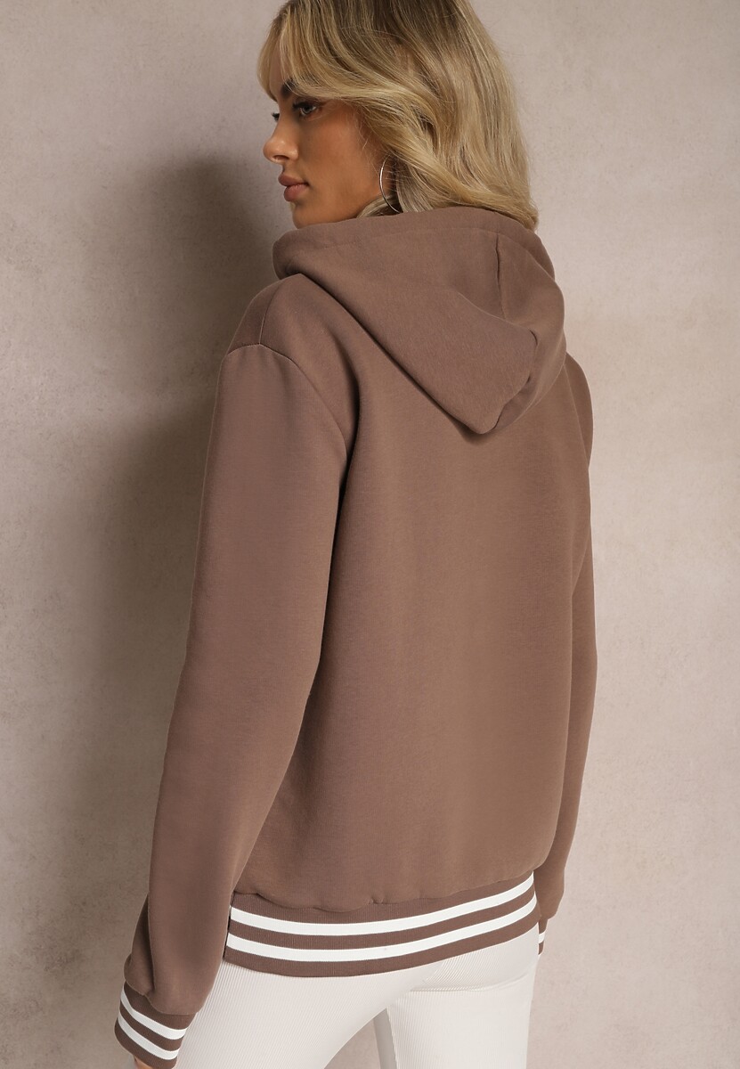 Brązowa Bluza Kangurka z Bawełny ze Ściągaczami w Paski i Kapturem Gaiana