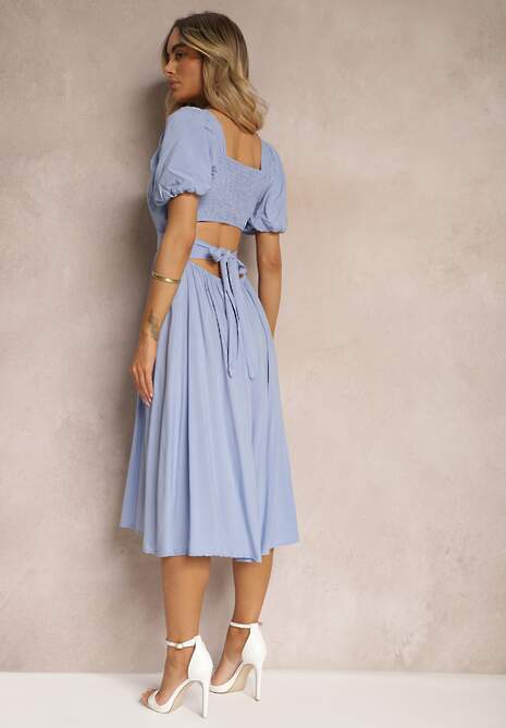 Niebieska Wiskozowa Sukienka o Rozkloszowanym Kroju z Wycięciem na Plecach i Wiązaniem Dimiella