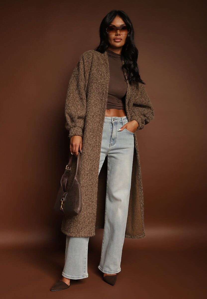 Brązowy Kardigan Niezapinany o Długim Kroju Ozdobiony Szerokimi Rękawami Tifilina