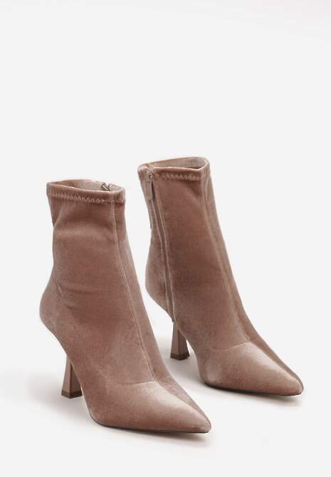 Ciemnobeżowe Botki za Kostkę na Szpilce ze Szpiczastym Noskiem Amorlar