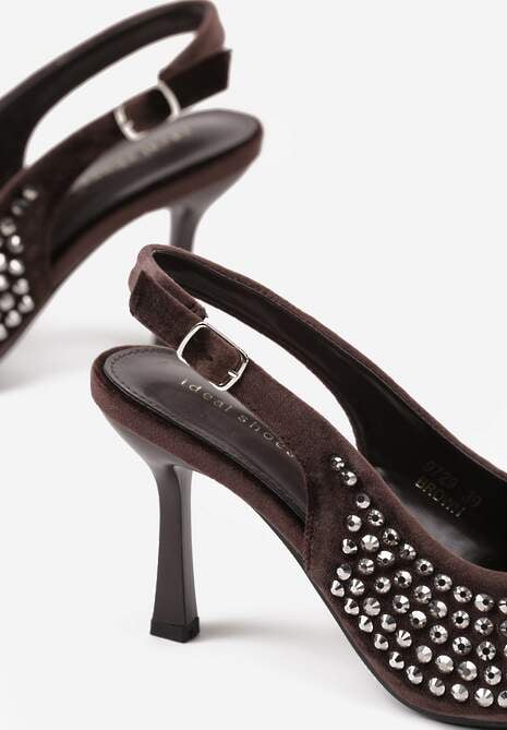 Brązowe Szpilki Slingback Ozdobione Cyrkoniami Benikke