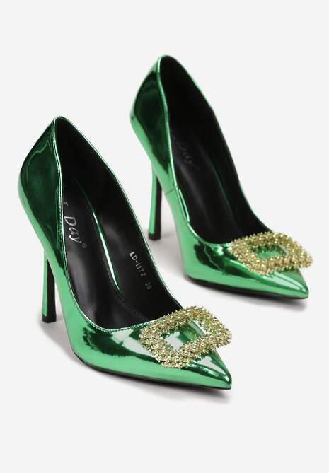 Zielone Szpilki Metaliczne z Cyrkoniami i Szpiczastym Noskiem Ceth