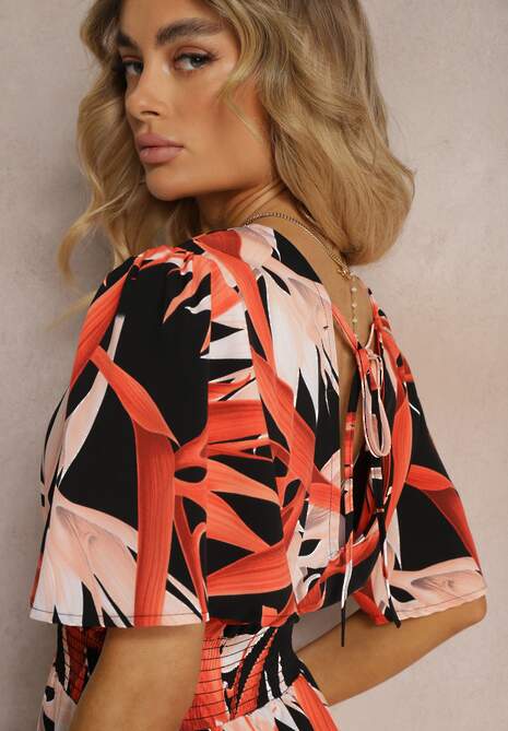 Czarno-Pomarańczowa Kopertowa Sukienka Wiązana na Plecach z Gumką w Talii Jeteri