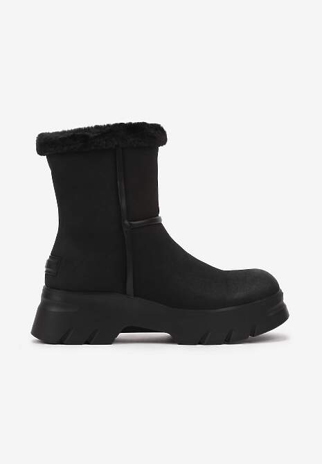 Czarne Śniegowce na Niskiej Platformie z Ozdobnym Futerkiem Revianna