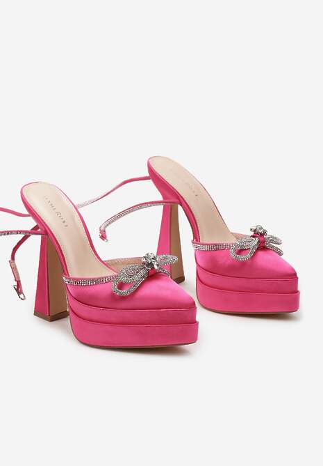 Fuksjowe Sandały na Geometrycznej Szpilce z Platformą z Odkrytą Piątą i Biżuteryjną Kokardką Mornia