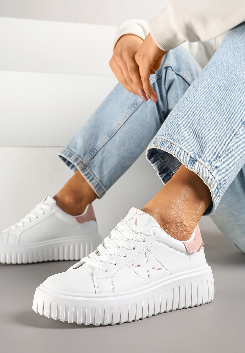 Biało-Zielone Sneakersy na Platformie z Tłoczeniem i Brokatową Wstawką Nuselin